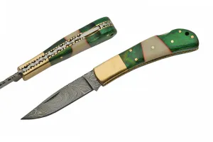 7" Green Wood Damascus Folding Pocket Knife (DM-1169)