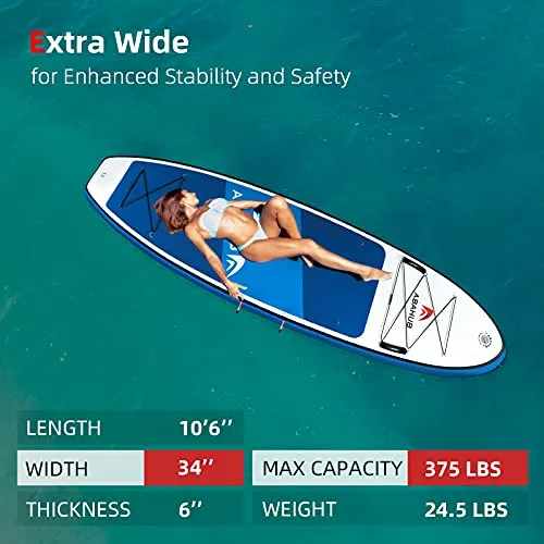 Abahub Inflatable SUP, Wide 10'6" x 34" x 6" iSUP, Blue Standup Paddleboard with Adjustable Carbon Fiber Paddle, Kayak Seat, for Yoga, Paddle Board, Kayaking, Surf, Canoe, Fishing