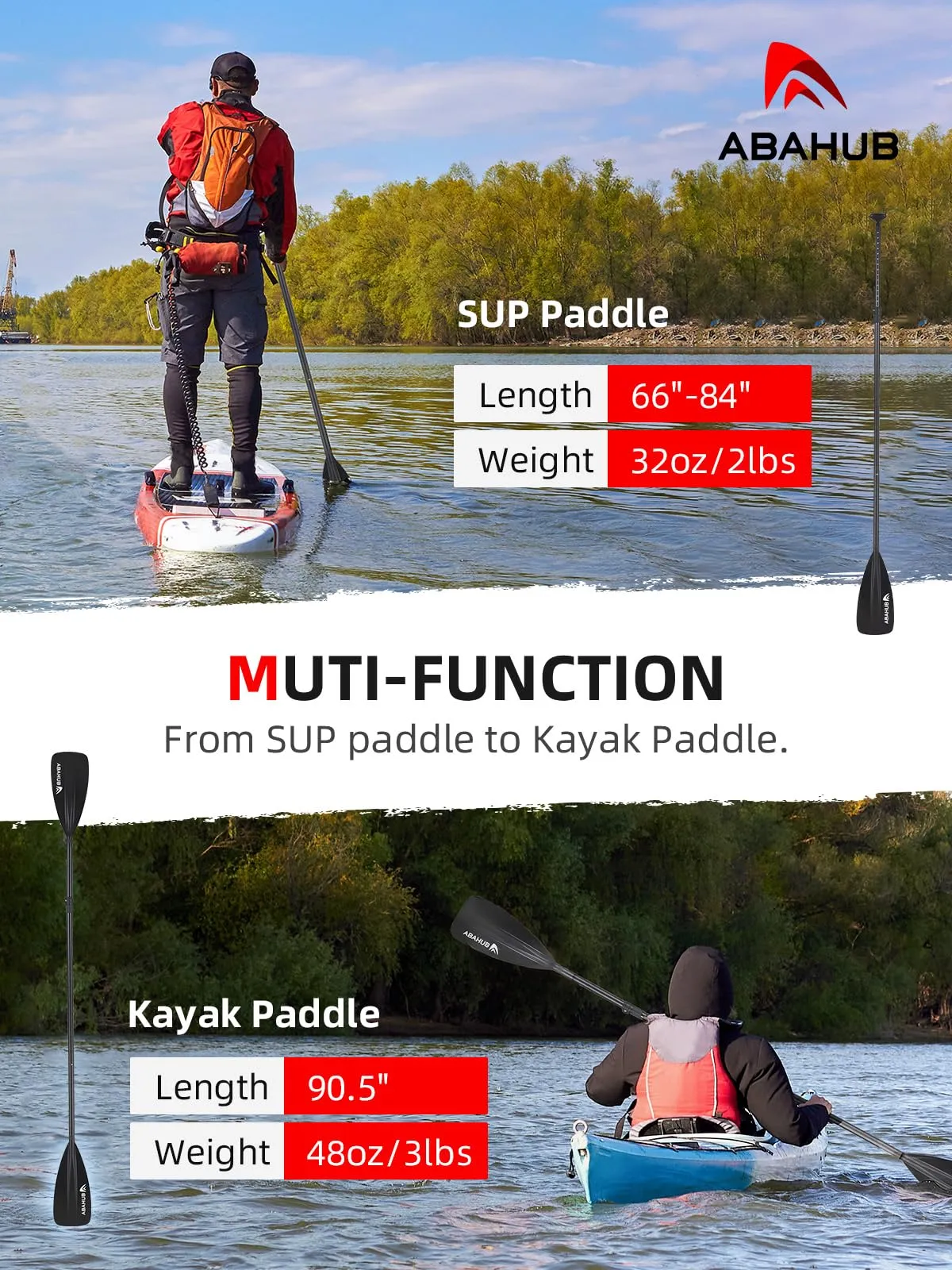 Abahub SUP Paddles - 4 Piece Adjustable Stand up Paddle - Lightweight Oar for Paddleboard, Aluminum Alloy PU Coated Shaft 68" - 86", Black Plastic Nylon Blade