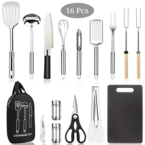 Camping Cooking Utensils Set, Stainless Steel Grill Tools, Camping BBQ Cookware Gear and Equipment for Travel Tenting RV Van Picnic Portable Kitchen Essentials Accessories (Black-16 PCS)