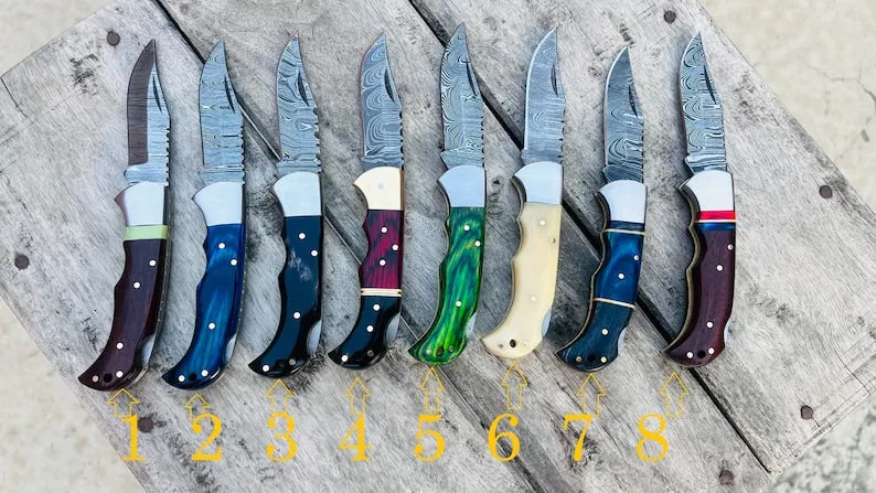 Handmade Damascus Pocket Knife Rose Wood Handle Birthday Gift Folding Knife Groomsmen Gift Anniversary Wedding Personalized Gift for Men