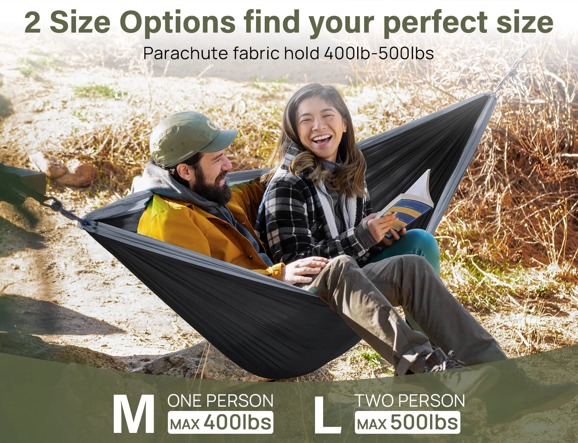 Kootek Camping Hammock Double Portable Hammocks with 2 Tree Straps, Lightweight Nylon Parachute Hammocks for Backpacking, Travel, Beach, Backyard, Patio, Hiking (Black & Grey, Large)