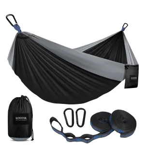 Kootek Camping Hammock Double Portable Hammocks with 2 Tree Straps, Lightweight Nylon Parachute Hammocks for Backpacking, Travel, Beach, Backyard, Patio, Hiking (Black & Grey, Large)
