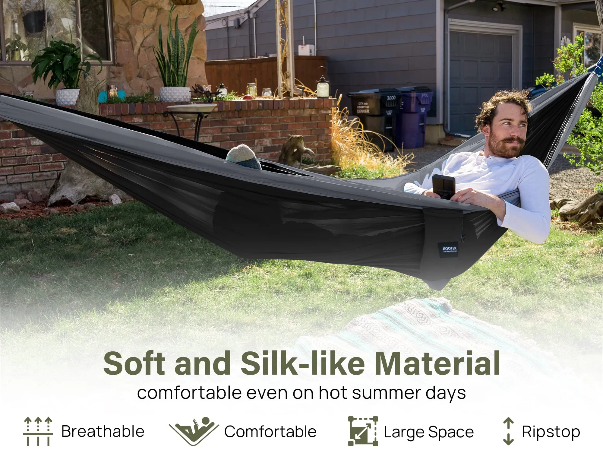 Kootek Camping Hammock Double Portable Hammocks with 2 Tree Straps, Lightweight Nylon Parachute Hammocks for Backpacking, Travel, Beach, Backyard, Patio, Hiking (Black & Grey, Large)