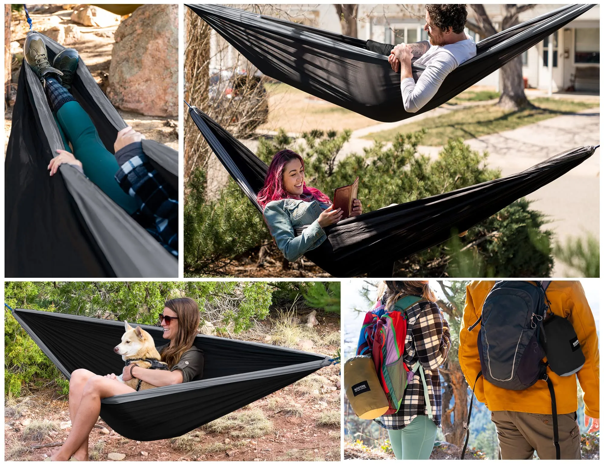 Kootek Camping Hammock Double Portable Hammocks with 2 Tree Straps, Lightweight Nylon Parachute Hammocks for Backpacking, Travel, Beach, Backyard, Patio, Hiking (Black & Grey, Large)
