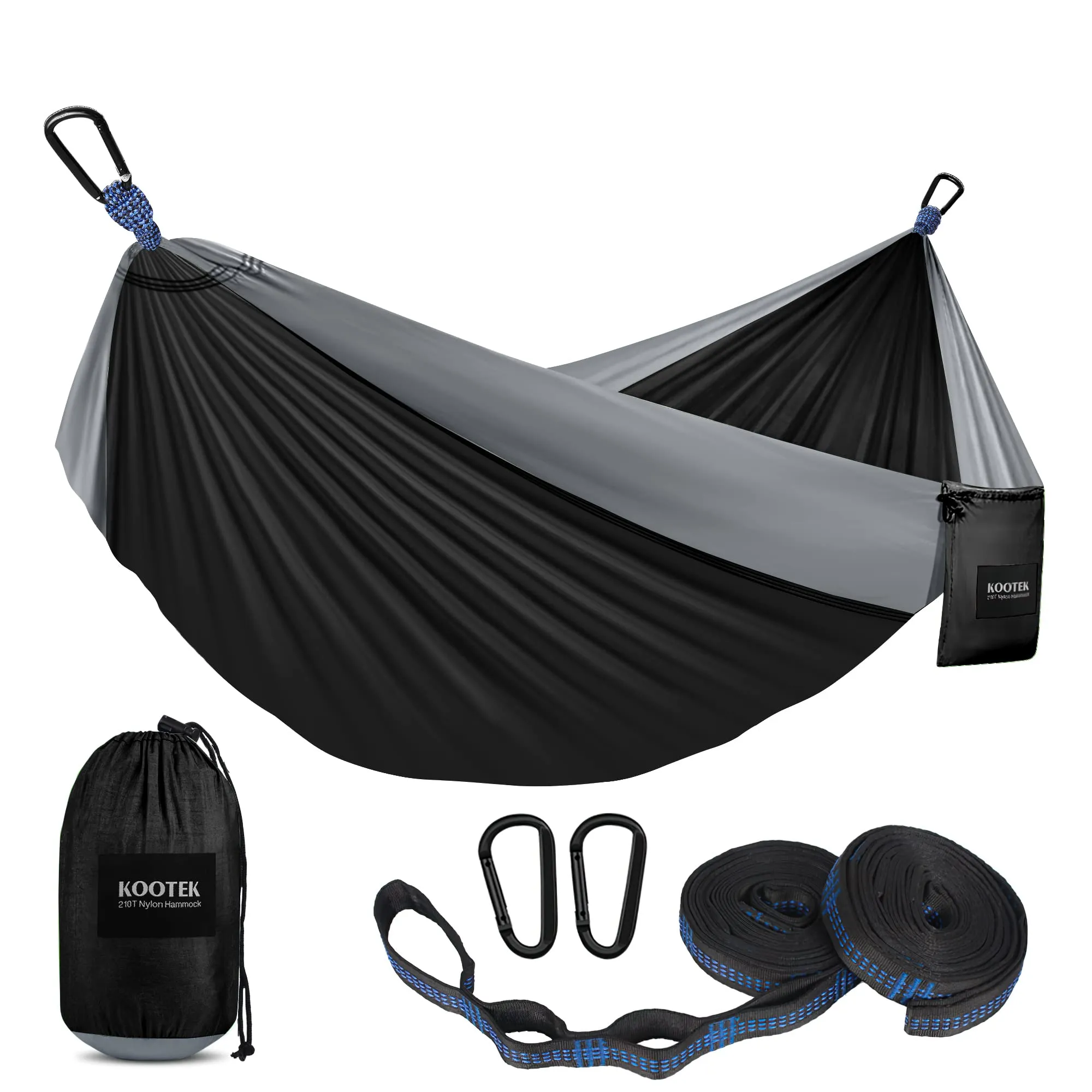 Kootek Camping Hammock Double Portable Hammocks with 2 Tree Straps, Lightweight Nylon Parachute Hammocks for Backpacking, Travel, Beach, Backyard, Patio, Hiking (Black & Grey, Large)