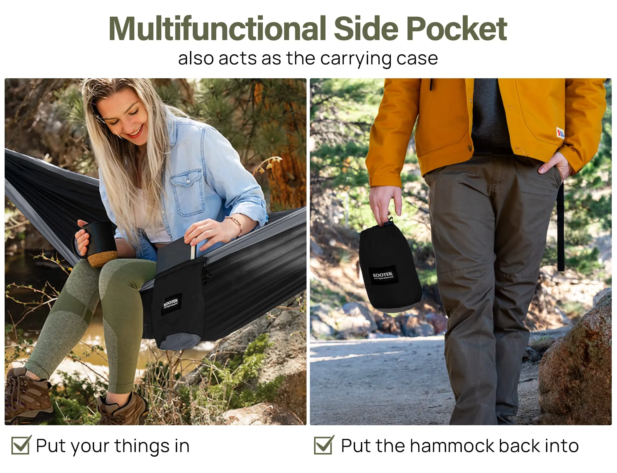 Kootek Camping Hammock Double Portable Hammocks with 2 Tree Straps, Lightweight Nylon Parachute Hammocks for Backpacking, Travel, Beach, Backyard, Patio, Hiking (Black & Grey, Large)