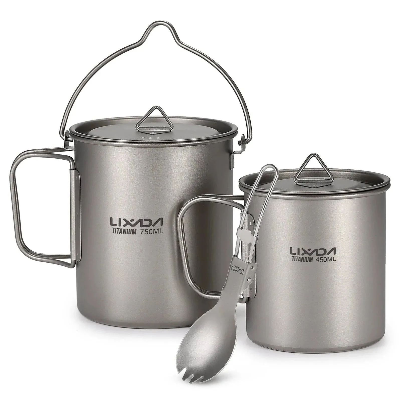 Lixada 1pc/3pcs Lightweight Titanium 750ml Pot or 350ml Water Cup Mug with Lid Collapsible Handle for Outdoor Camping