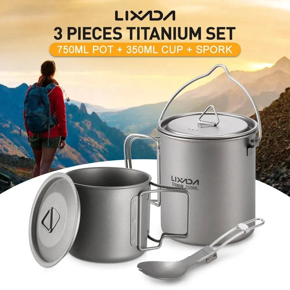 Lixada 1pc/3pcs Lightweight Titanium 750ml Pot or 350ml Water Cup Mug with Lid Collapsible Handle for Outdoor Camping