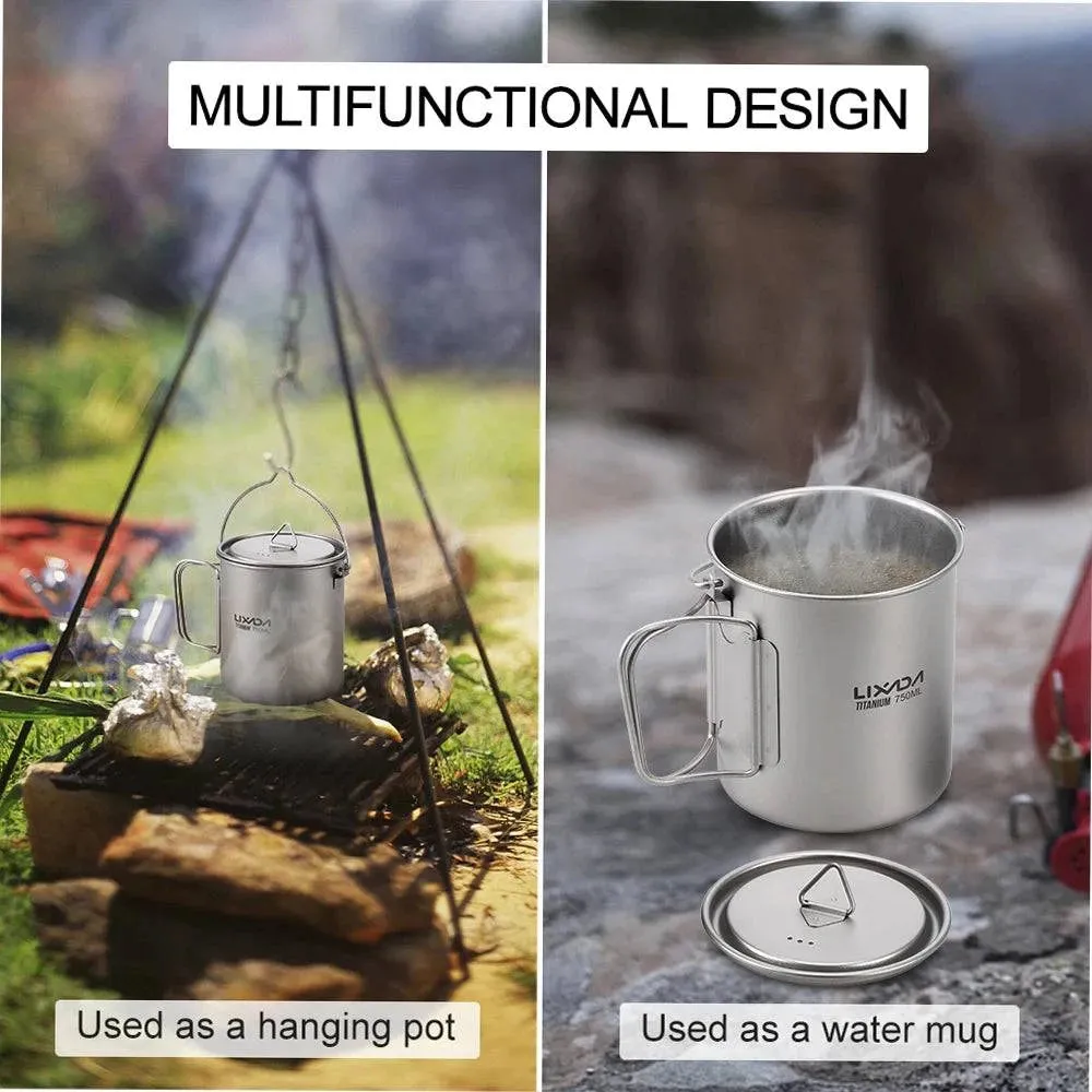 Lixada 1pc/3pcs Lightweight Titanium 750ml Pot or 350ml Water Cup Mug with Lid Collapsible Handle for Outdoor Camping