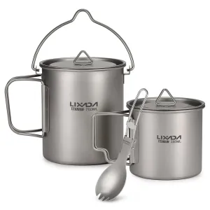 Lixada 1pc/3pcs Lightweight Titanium 750ml Pot or 350ml Water Cup Mug with Lid Collapsible Handle for Outdoor Camping