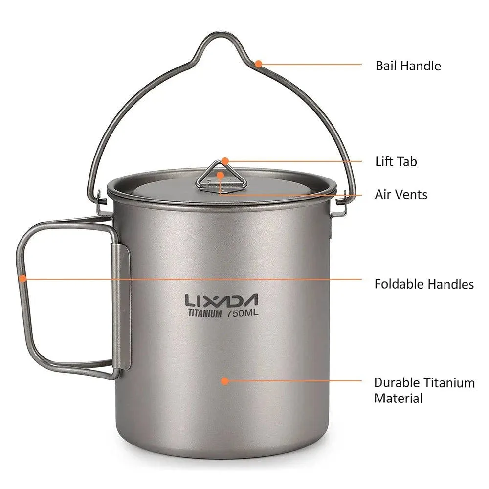 Lixada 1pc/3pcs Lightweight Titanium 750ml Pot or 350ml Water Cup Mug with Lid Collapsible Handle for Outdoor Camping