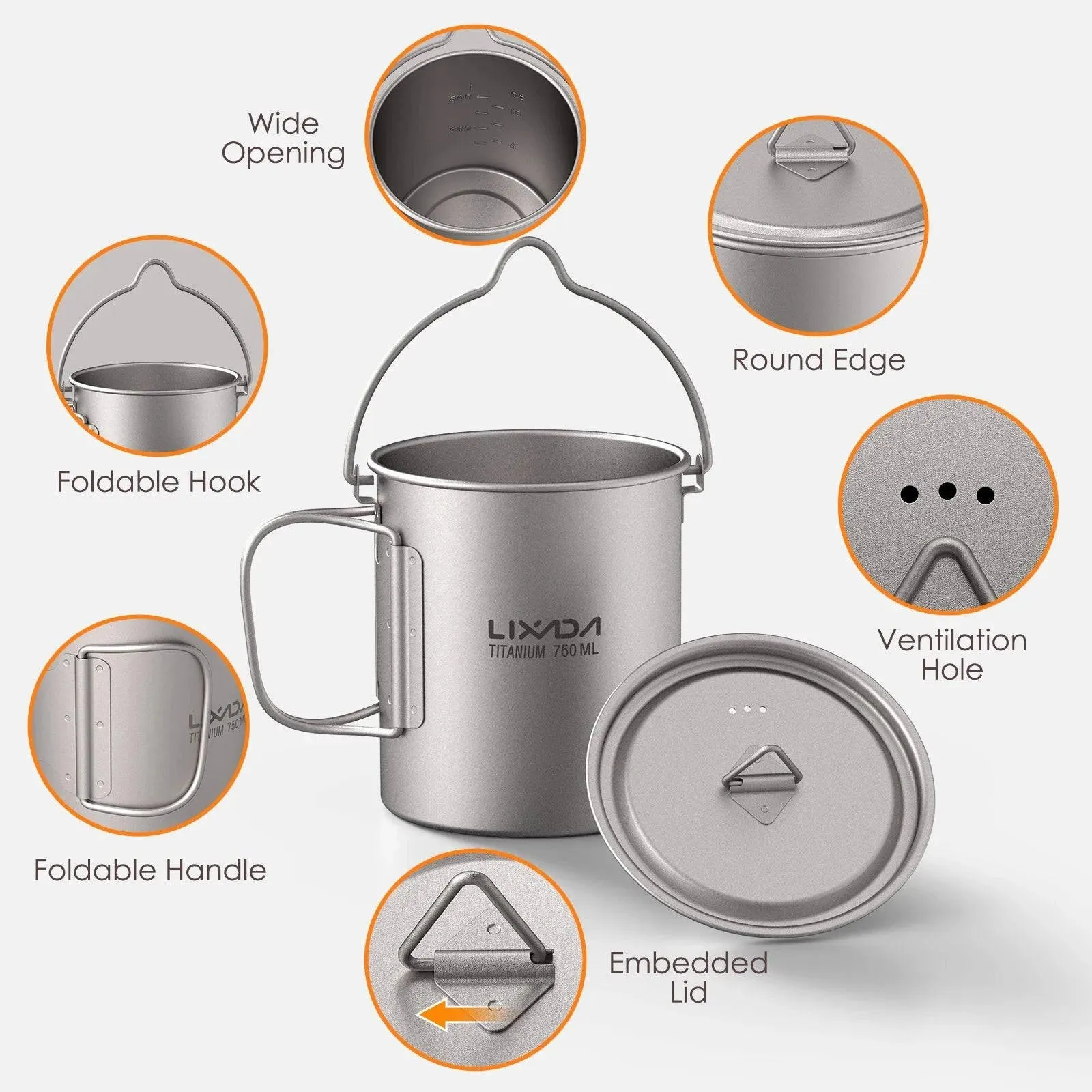 Lixada 1pc/3pcs Lightweight Titanium 750ml Pot or 350ml Water Cup Mug with Lid Collapsible Handle for Outdoor Camping