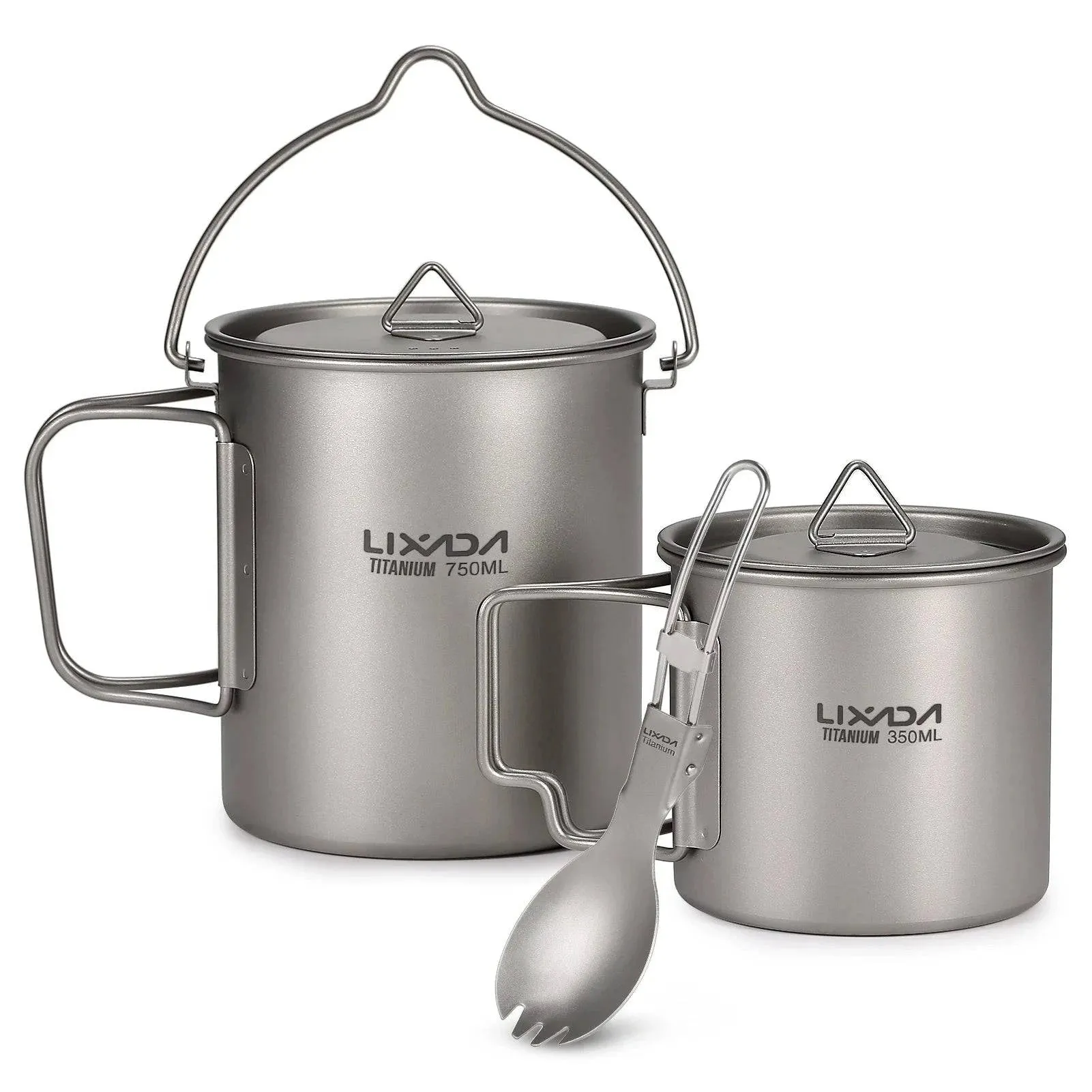 Lixada 1pc/3pcs Lightweight Titanium 750ml Pot or 350ml Water Cup Mug with Lid Collapsible Handle for Outdoor Camping