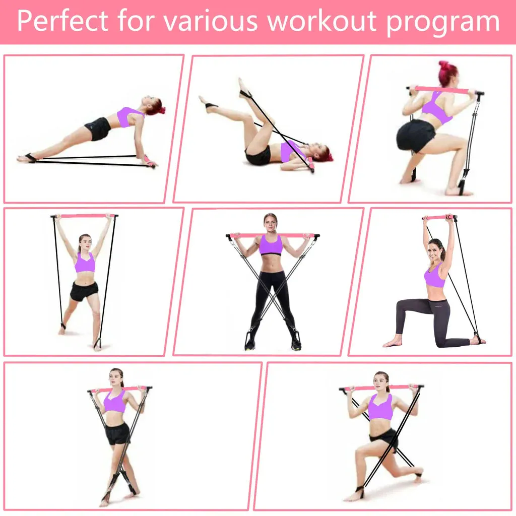 Pilates bar set, Adjustable Pilates bar kit with 4 resistances bands-2x40lbs,2x50lbs, foam handle and door anchor- Pink