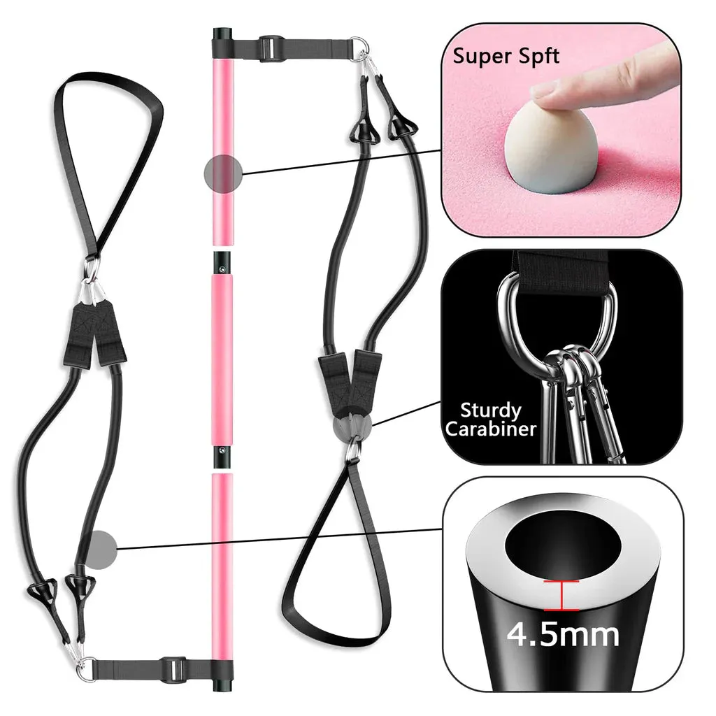 Pilates bar set, Adjustable Pilates bar kit with 4 resistances bands-2x40lbs,2x50lbs, foam handle and door anchor- Pink