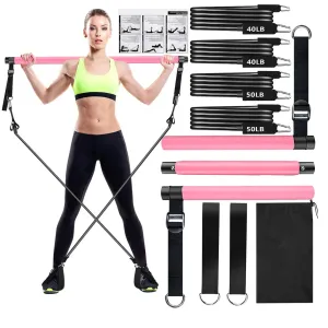 Pilates bar set, Adjustable Pilates bar kit with 4 resistances bands-2x40lbs,2x50lbs, foam handle and door anchor- Pink